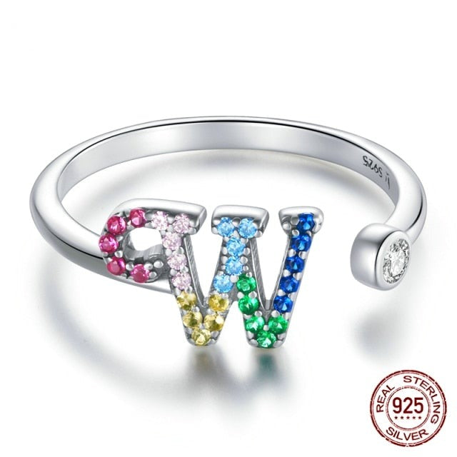 Letter Rings 925 Sterling Silver Cubic Zirconia, Adjustable Ring Size 6-8 - Boncuque