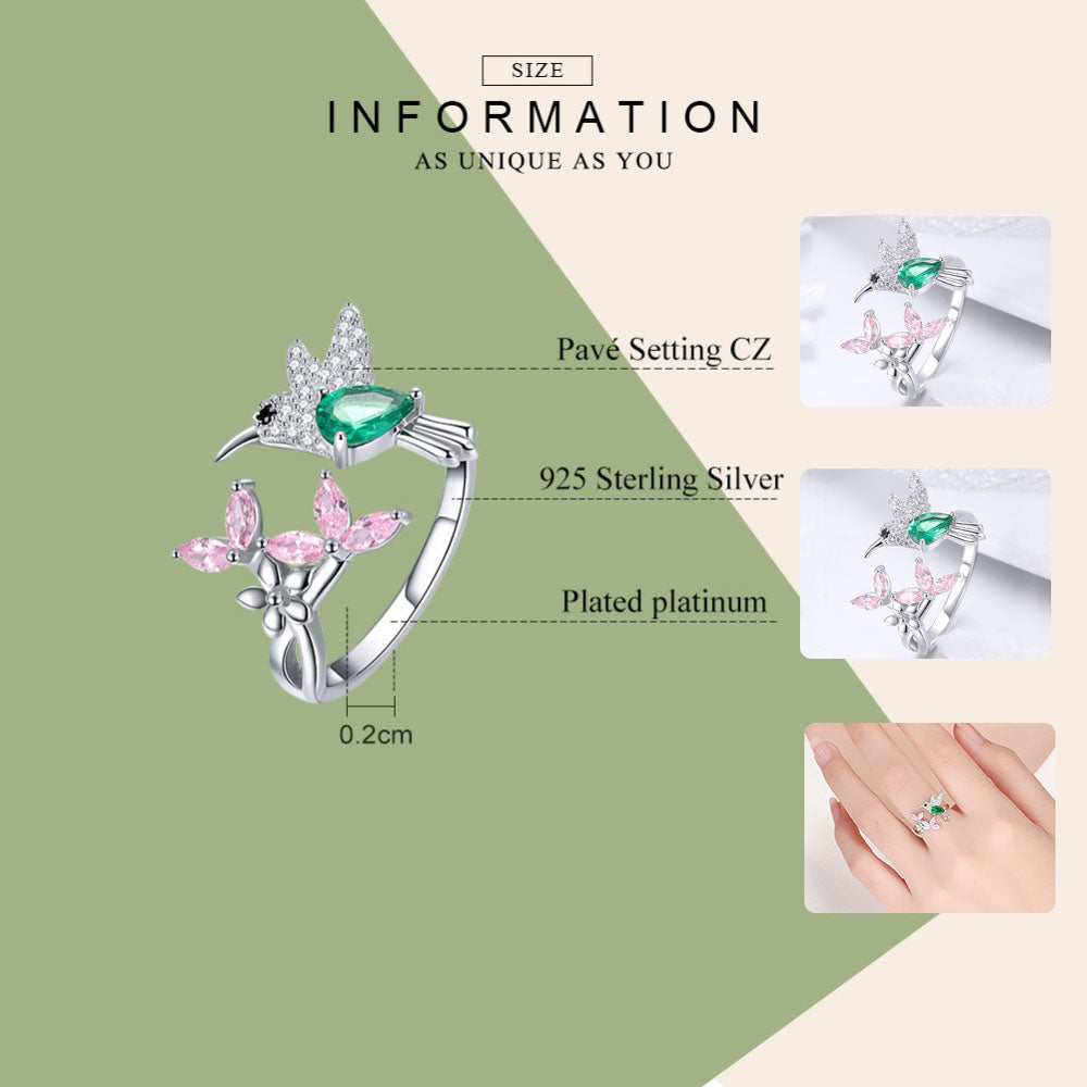 925 Sterling Silver Adjustable Sparkling Bird Clear Cubic Zirconia Ring - Boncuque Store