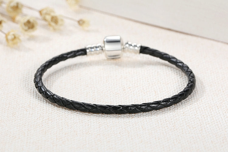 925 Sterling Silver & Real Black Leather Bracelet - Boncuque