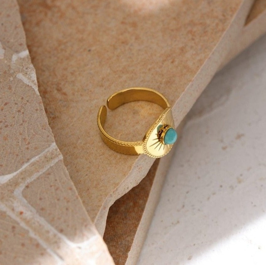 Ring, Stainless Steel Gold Plated Opening Ring With Stone - Boncuque