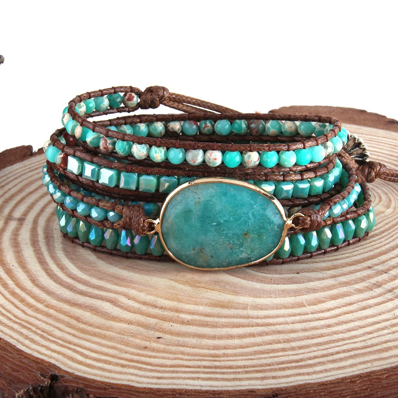 Bohemian Natural Stones Woven Wrap Bracelet Amazonite - Boncuque Store