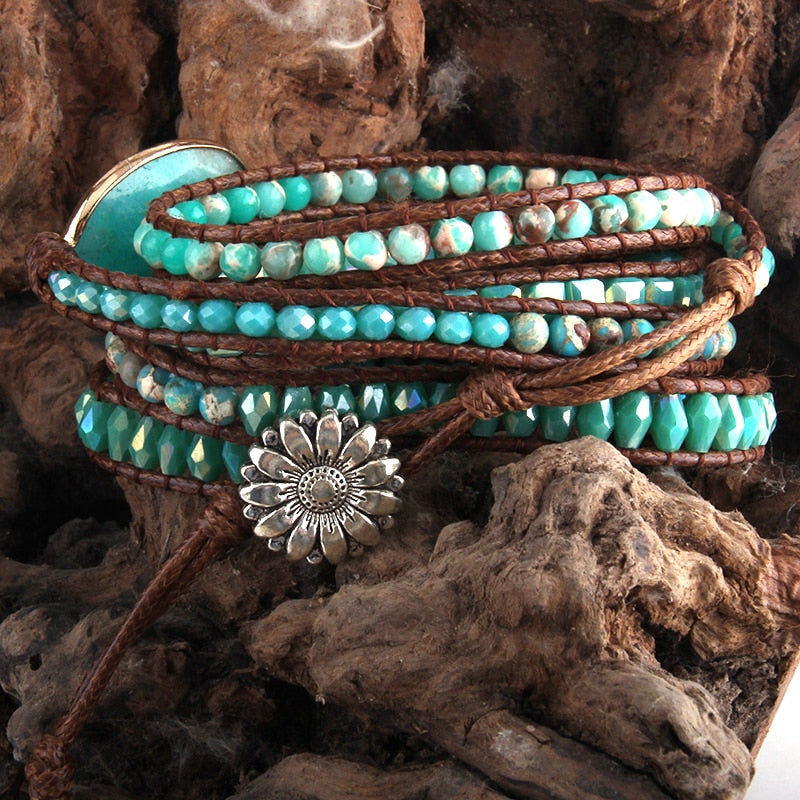 Bohemian Natural Stones Woven Wrap Bracelet Amazonite - Boncuque Store