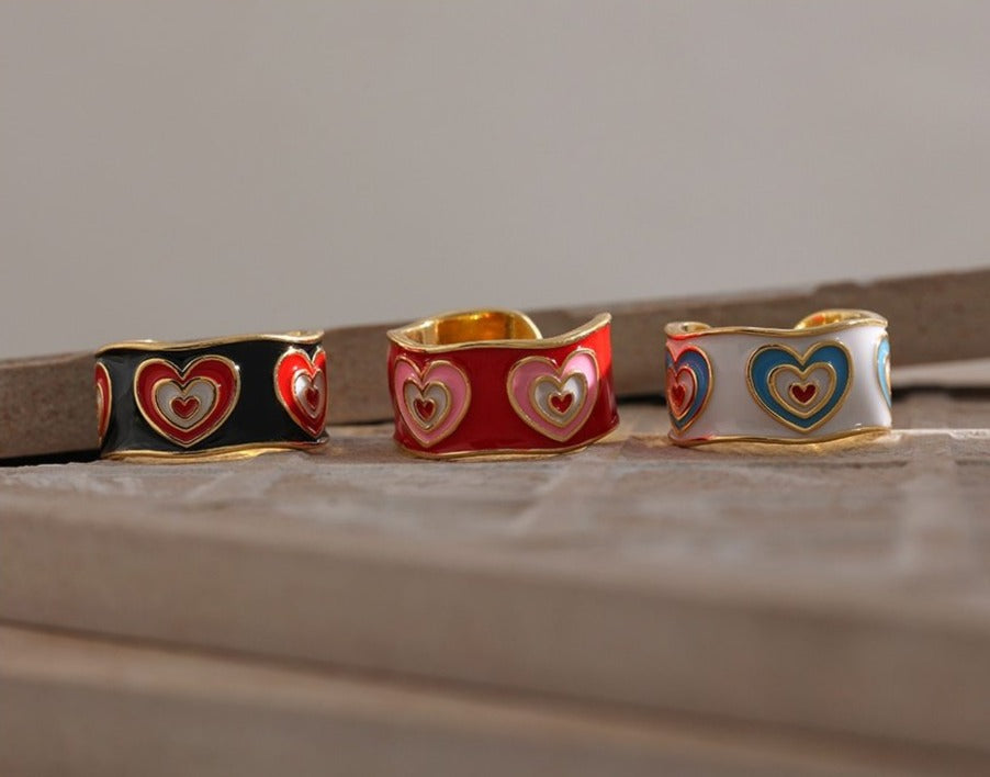 Yhpup Romantic Enamel Heart Rings Charm Metalic Copper Opening Finger Rings for Women кольцо женское Jewelry Girls Gift 2021 - Boncuque