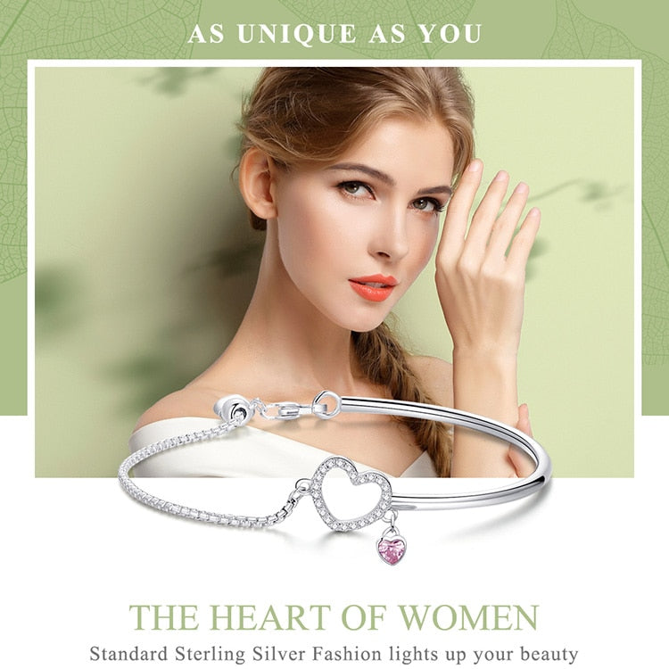 100% Silver Chain Link Bracelet Pink Heart Zirconia Stone - Boncuque Store