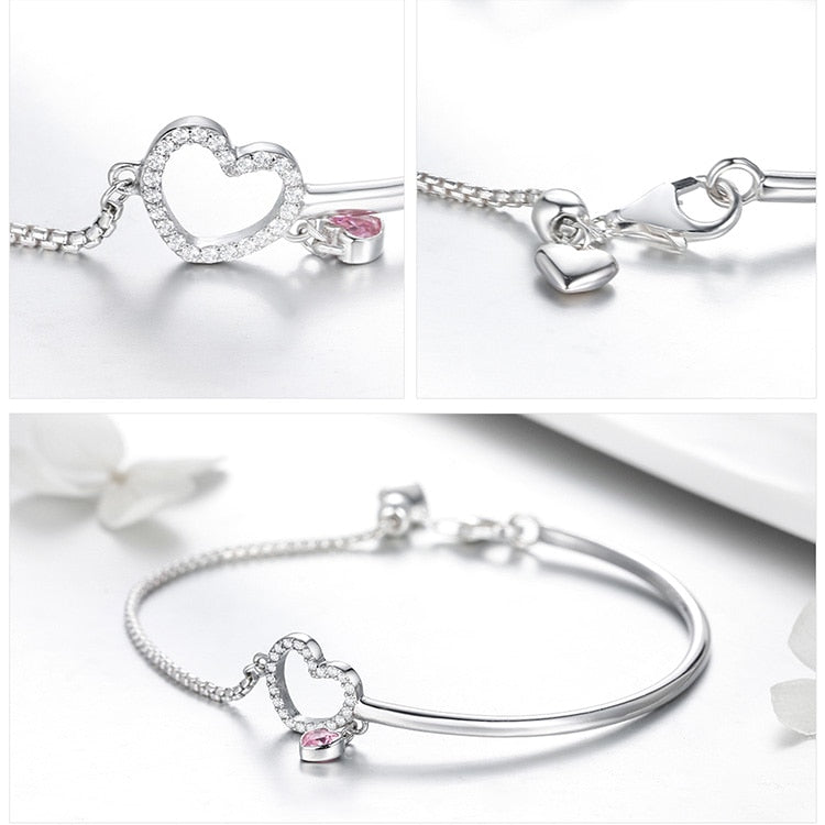 100% Silver Chain Link Bracelet Pink Heart Zirconia Stone - Boncuque Store