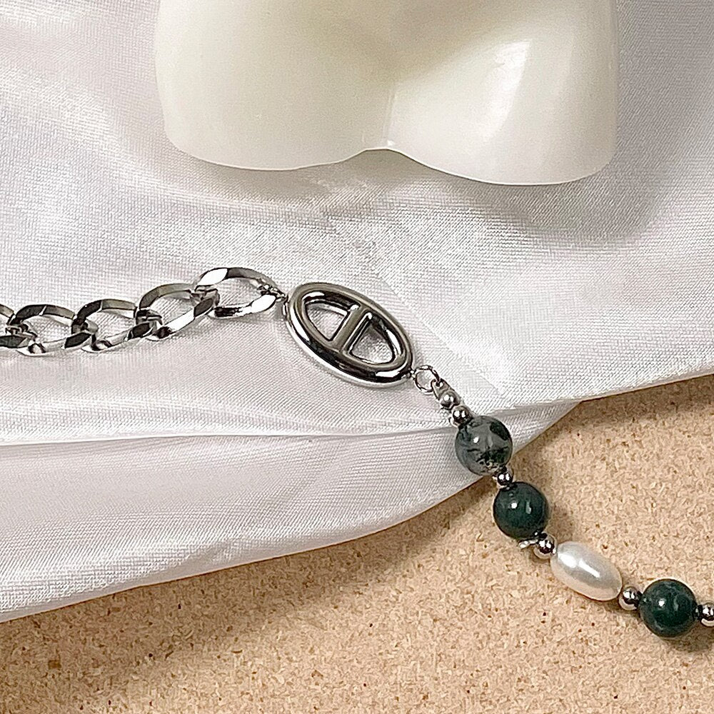 Pearl Bracelet, Green Natural Stone-6