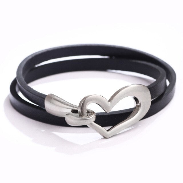 Leather Bracelets, Multilayer with Heart Metal Hook - Boncuque