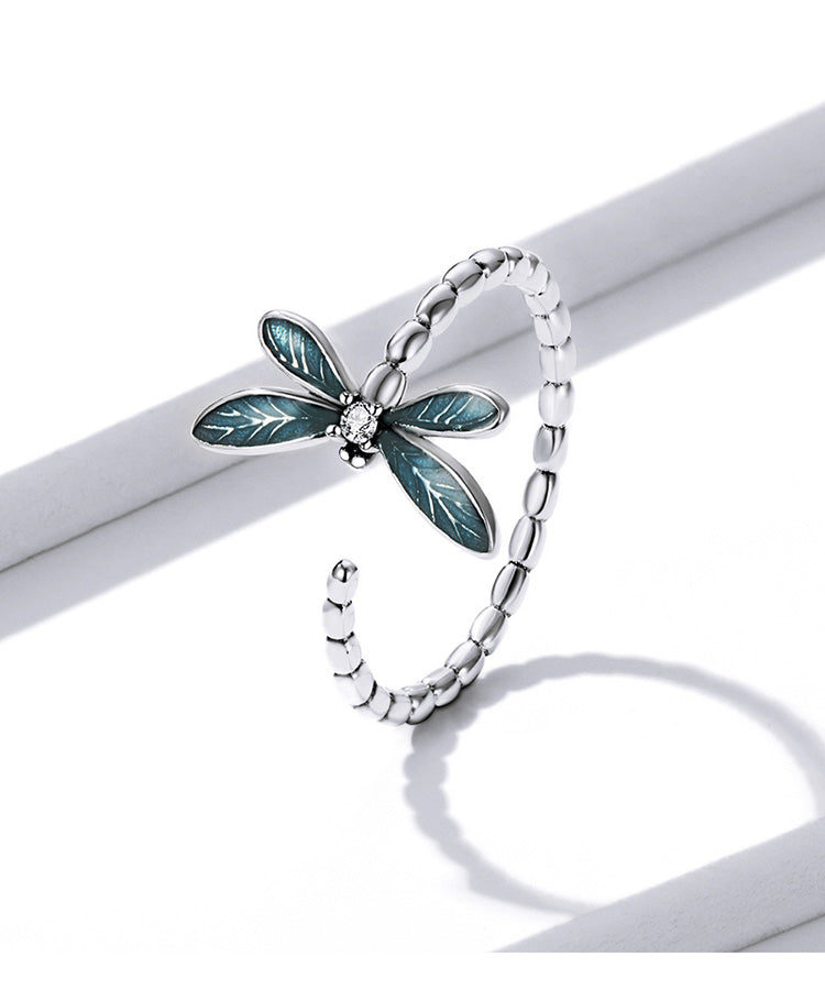 Adjustable 925 Sterling Silver Green Dragonfly Ring Cubic Zirconia - Boncuque Store