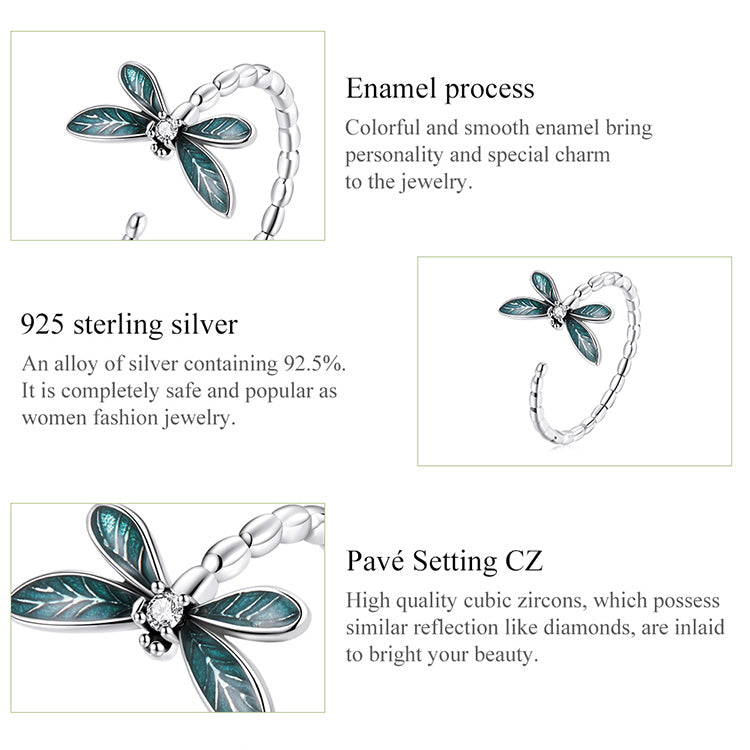 Adjustable 925 Sterling Silver Green Dragonfly Ring Cubic Zirconia - Boncuque Store