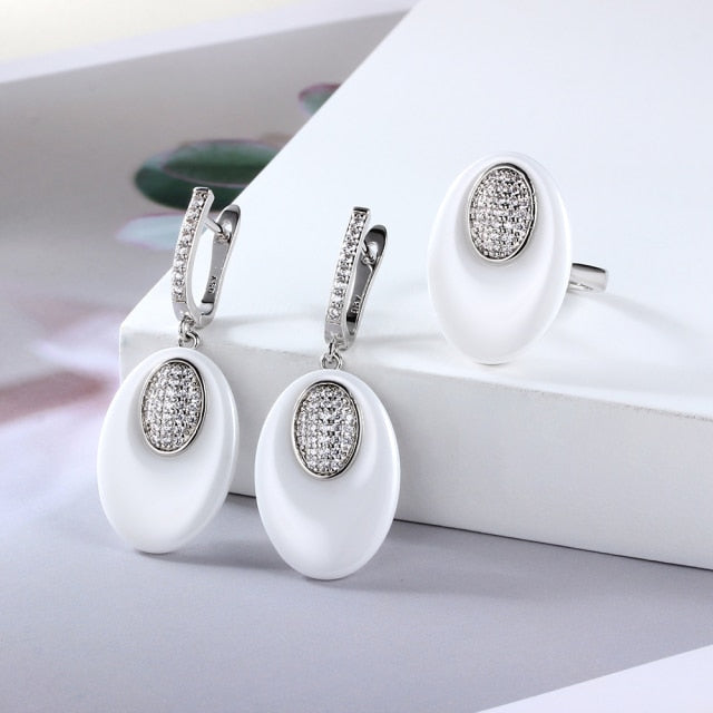 Ring Set, Charmant and Fine Ceramic Earring & Ring, Black or White - Boncuque