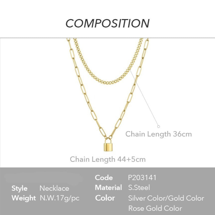 Stainless Steel Double Chain Necklace With Lock Pendant - Boncuque Store