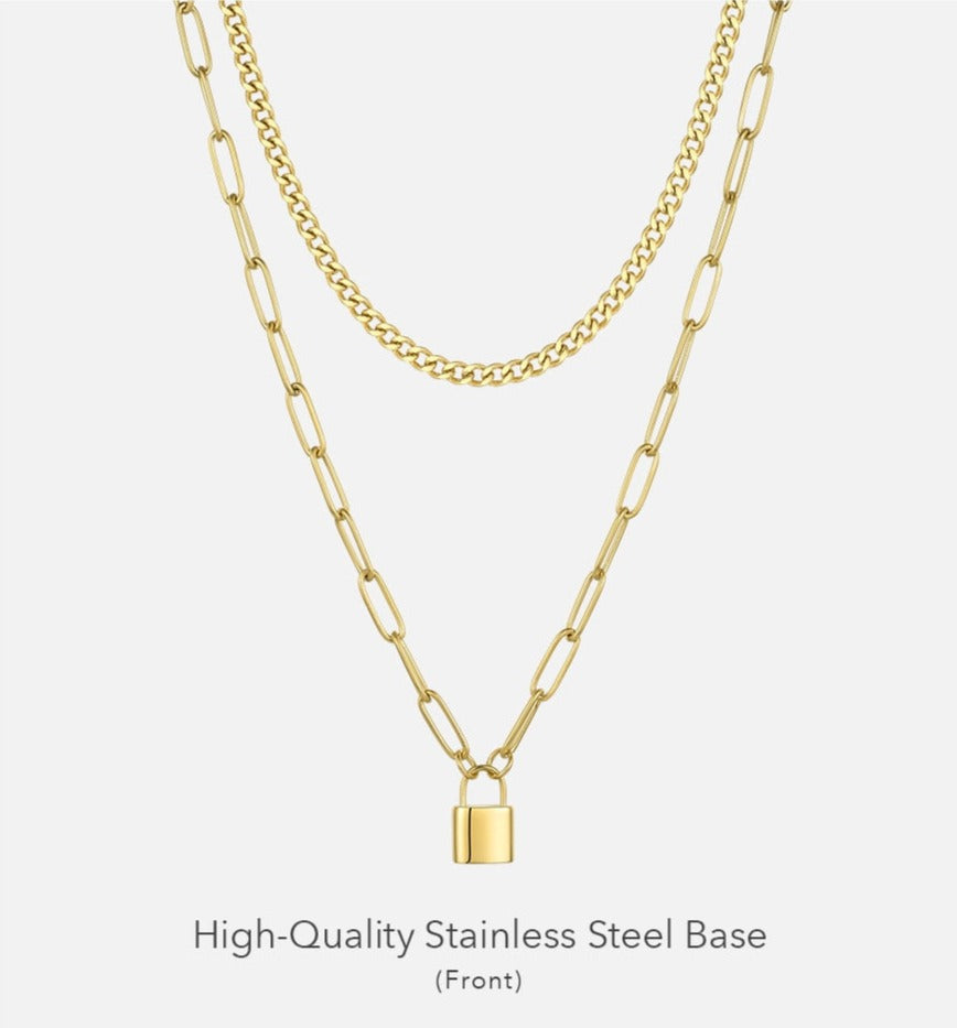 Stainless Steel Double Chain Necklace With Lock Pendant - Boncuque Store