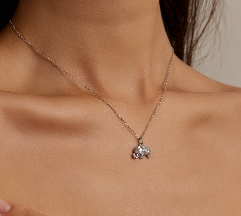 925 Sterling Silver Chain & Lovely Baby Elephant Pendant CZ Necklace - Boncuque Store