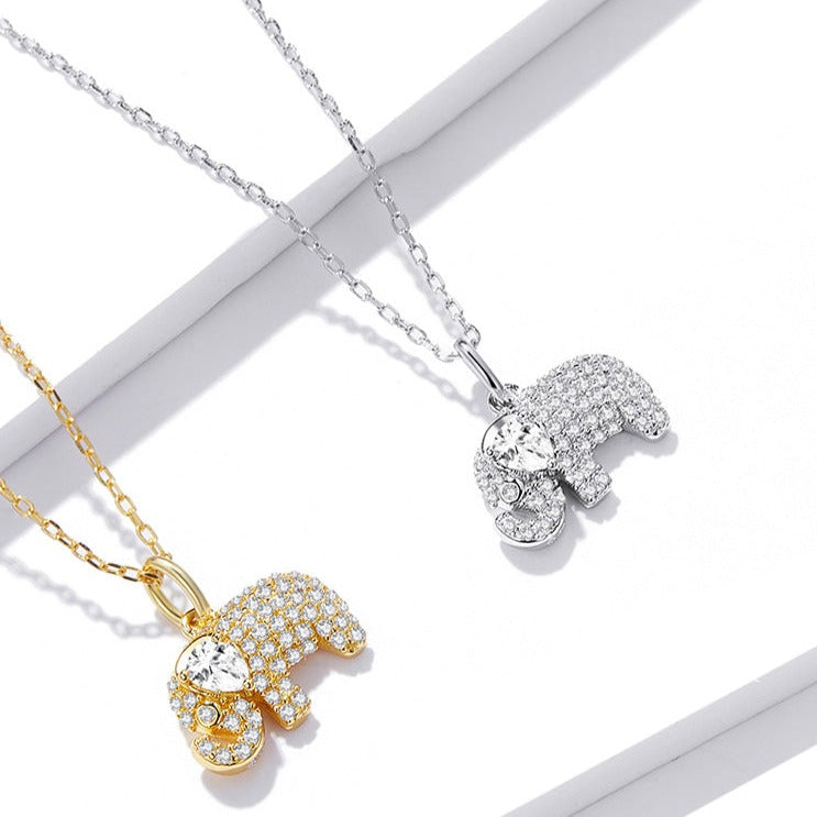925 Sterling Silver Chain & Lovely Baby Elephant Pendant CZ Necklace - Boncuque Store