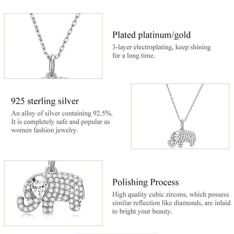 925 Sterling Silver Chain & Lovely Baby Elephant Pendant CZ Necklace - Boncuque Store