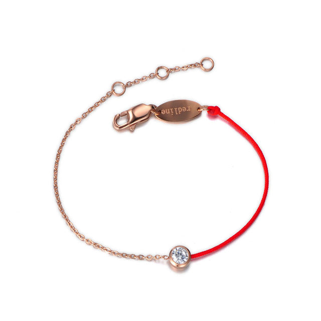 Red Rope & Chain Link Bracelet With One CZ Crystal, Gold Plated - Boncuque Store