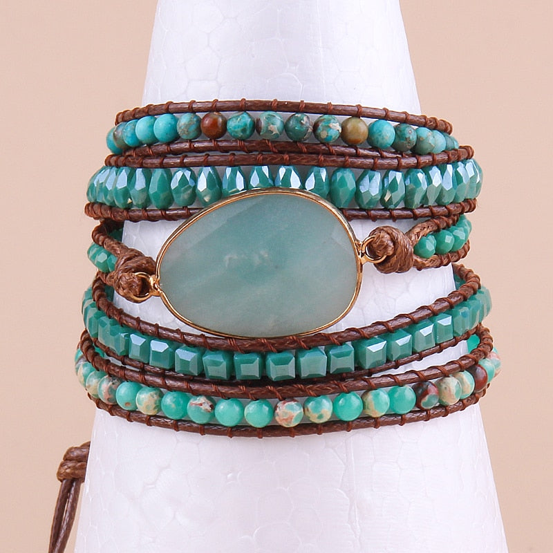 Bohemian Natural Stones Woven Wrap Bracelet Amazonite - Boncuque Store