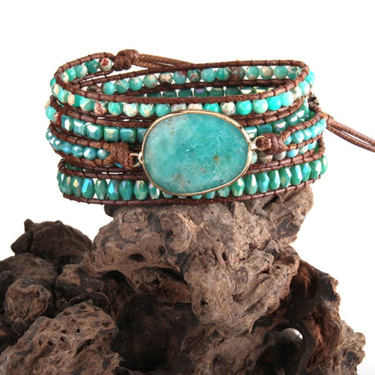 Bohemian Natural Stones Woven Wrap Bracelet Amazonite - Boncuque Store