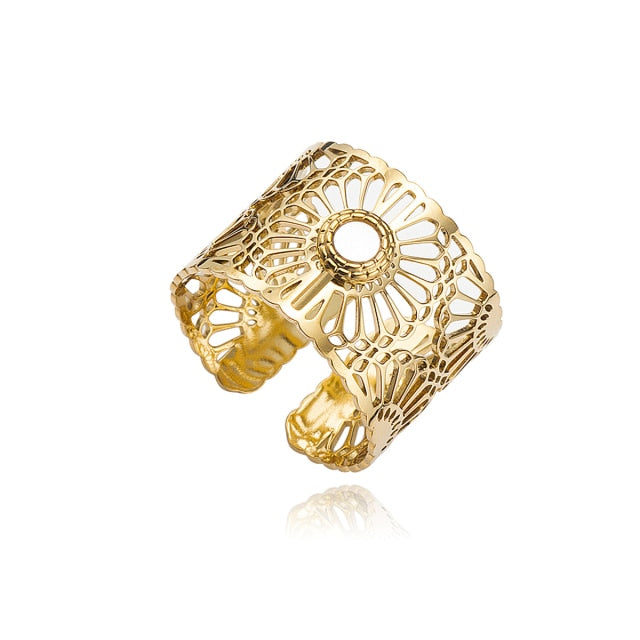 Trendy Stainless Steel Hollow Flower Ring Adjustable - Boncuque