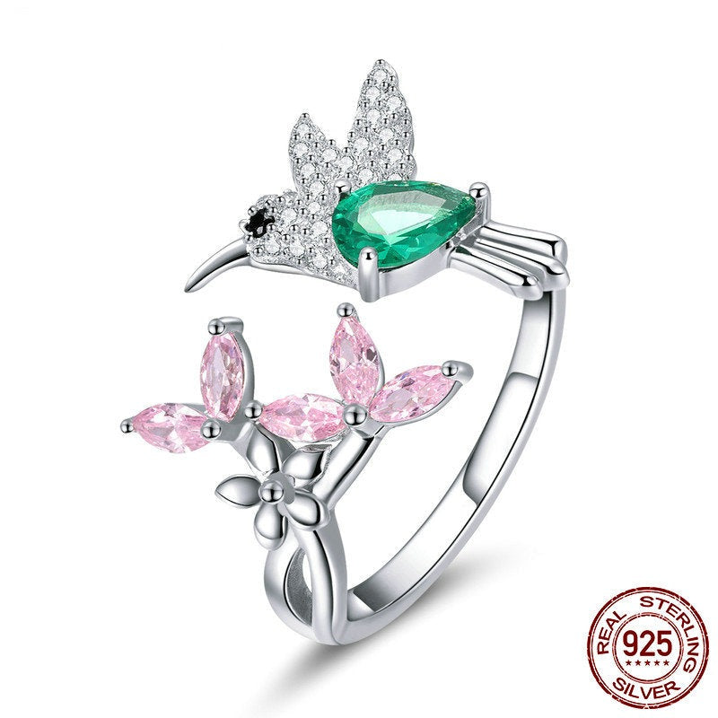 925 Sterling Silver Adjustable Sparkling Bird Clear Cubic Zirconia Ring - Boncuque Store