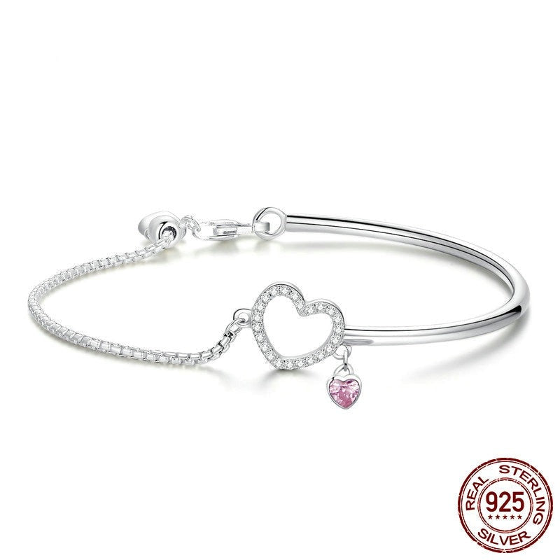 100% Silver Chain Link Bracelet Pink Heart Zirconia Stone - Boncuque Store