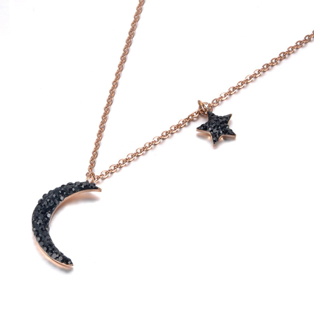 Stainless Steel Gold Plated Rose Gold Necklace With Black Rhinestones Moon Pendant - Boncuque Store