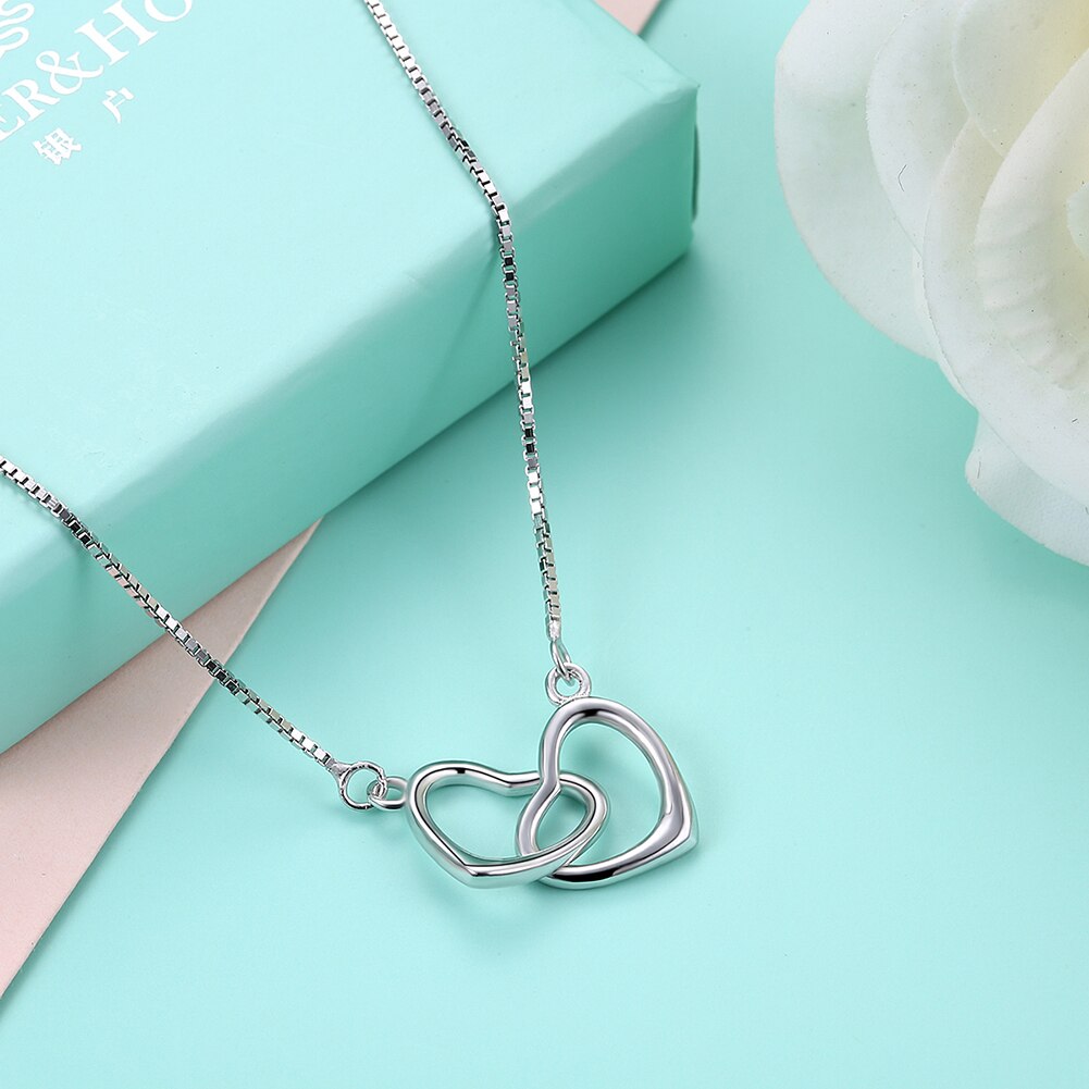 925 Sterling Silver Necklace With Heart to Heart Pendant - Boncuque