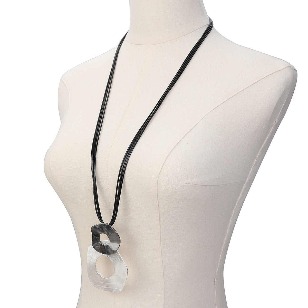 Multi-strand Black Long PU Leather Cord Necklace with Geometric Metal Pendant - Boncuque Store