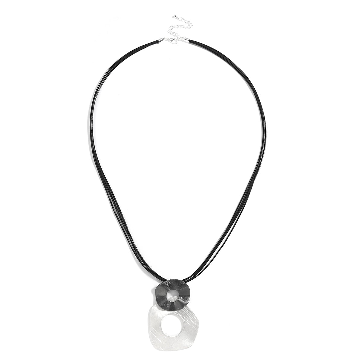 Multi-strand Black Long PU Leather Cord Necklace with Geometric Metal Pendant - Boncuque Store