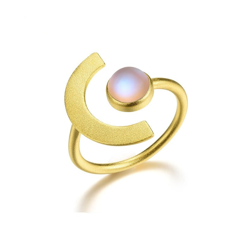 925 Sterling Silver, 18K Gold Plated, Adjustable Moonstone Ring with Stone - Boncuque Store