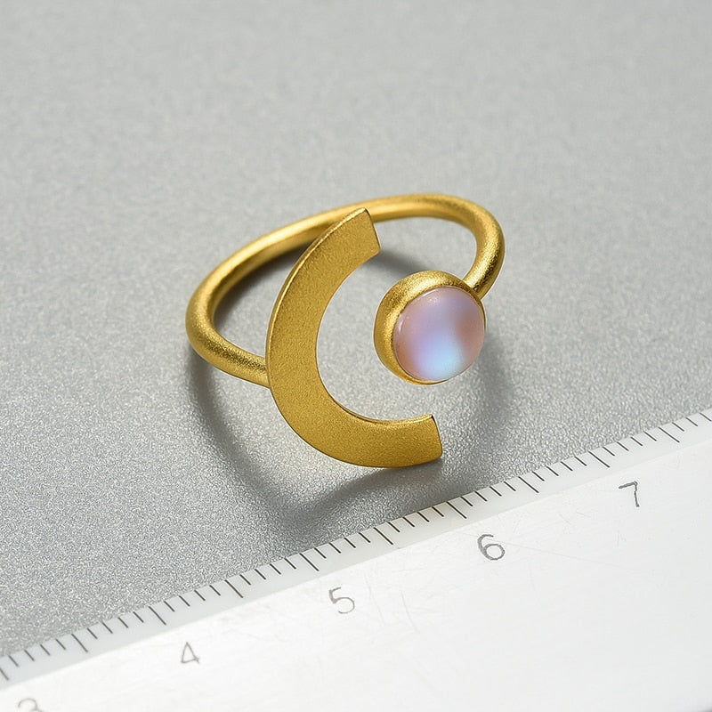 925 Sterling Silver, 18K Gold Plated, Adjustable Moonstone Ring with Stone - Boncuque Store