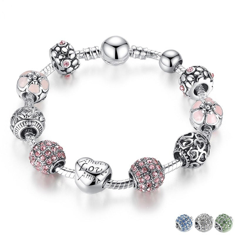 Silver Plated Charm Bracelet with Love and Flower Beads - Boncuque