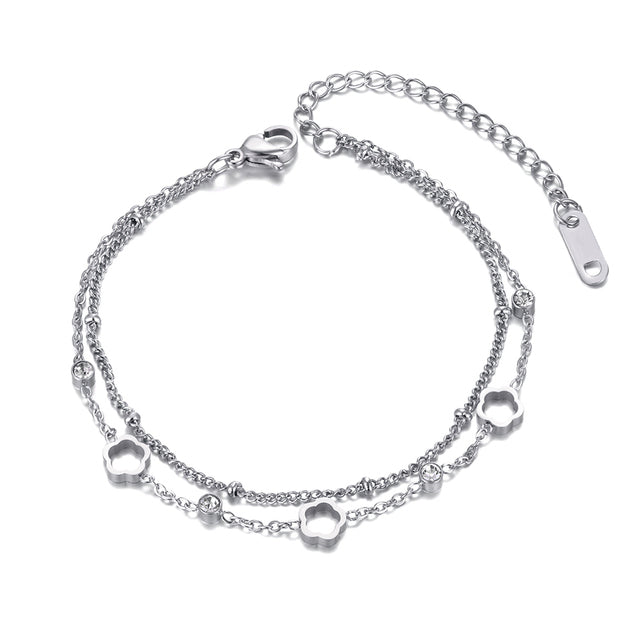 Double Layer Stainless Steel Chain Bracelet With Cubic Zirconia Crystal Floral - Boncuque Store