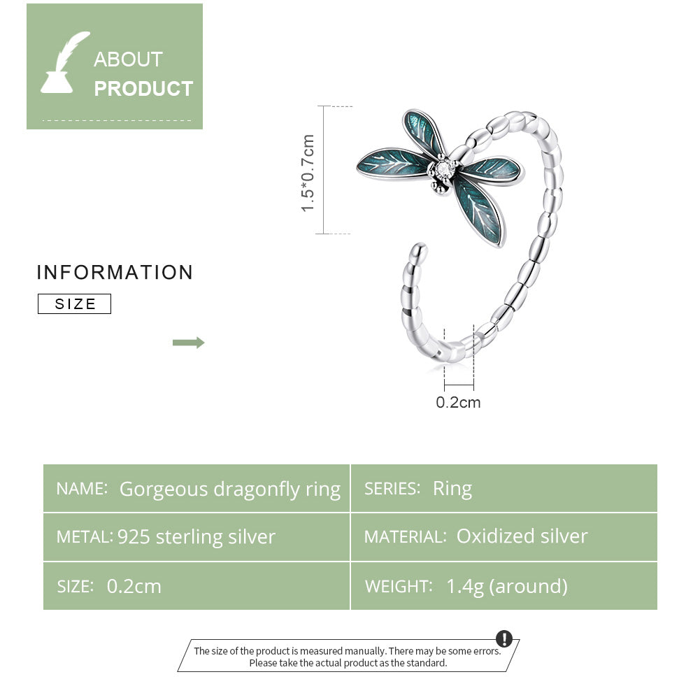 Adjustable 925 Sterling Silver Green Dragonfly Ring Cubic Zirconia - Boncuque Store