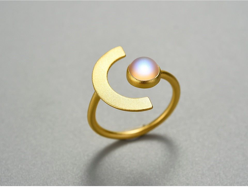 925 Sterling Silver, 18K Gold Plated, Adjustable Moonstone Ring with Stone - Boncuque Store