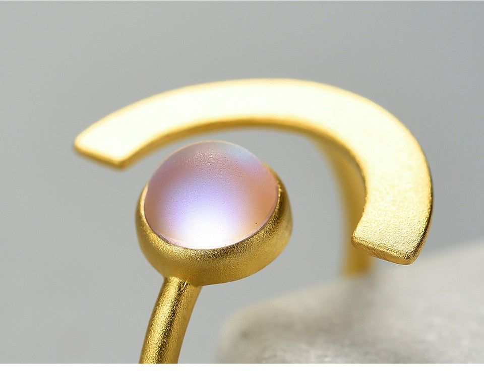 925 Sterling Silver, 18K Gold Plated, Adjustable Moonstone Ring with Stone - Boncuque Store