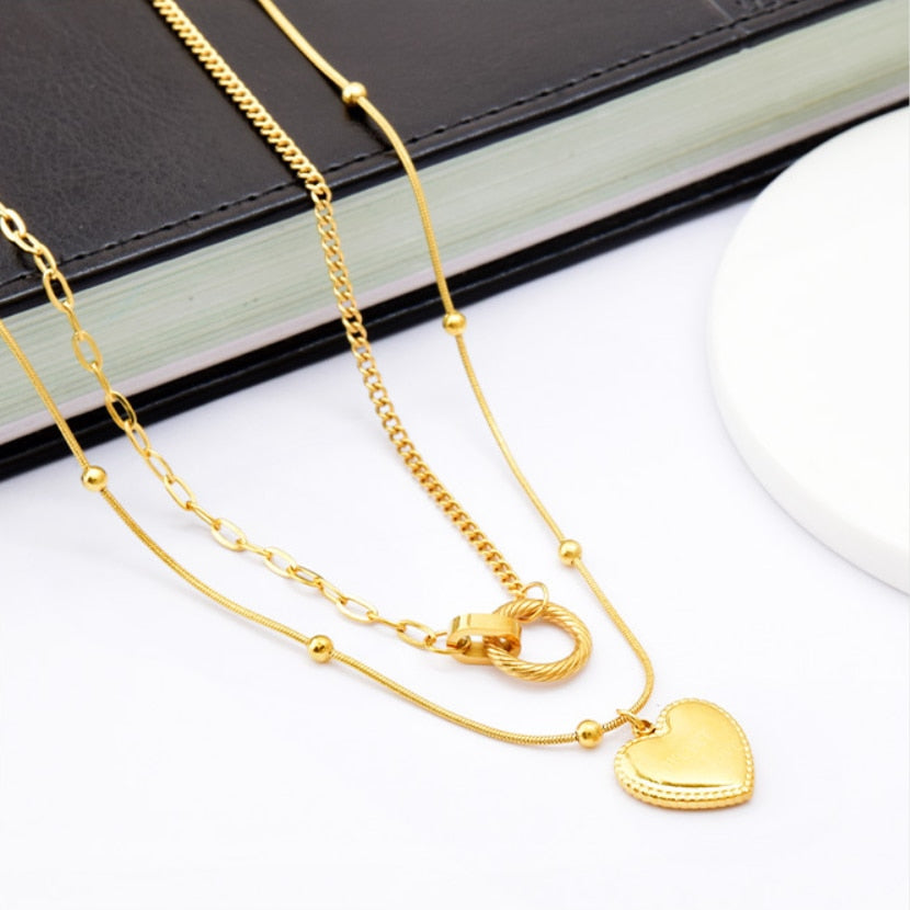 Stainless Steel Two Layer Pendant Necklace -  Forever Love - Boncuque