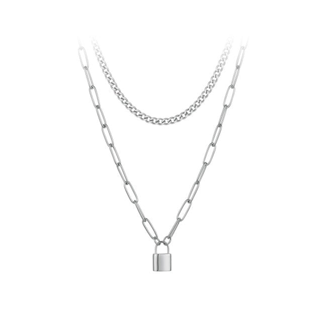 Silver Double Lock Pendant Chain Necklace