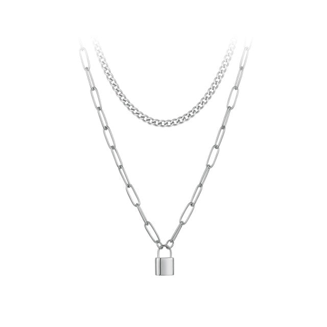 Stainless Steel Double Chain Necklace With Lock Pendant - Boncuque Store