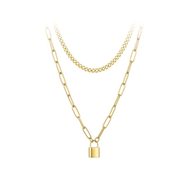 Stainless Steel Double Chain Necklace With Lock Pendant - Boncuque Store