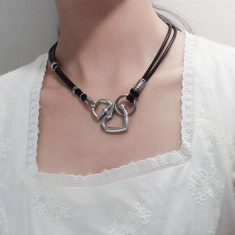 Double Layered Leather Necklace Metal Heart Lock Pendant - Boncuque Store