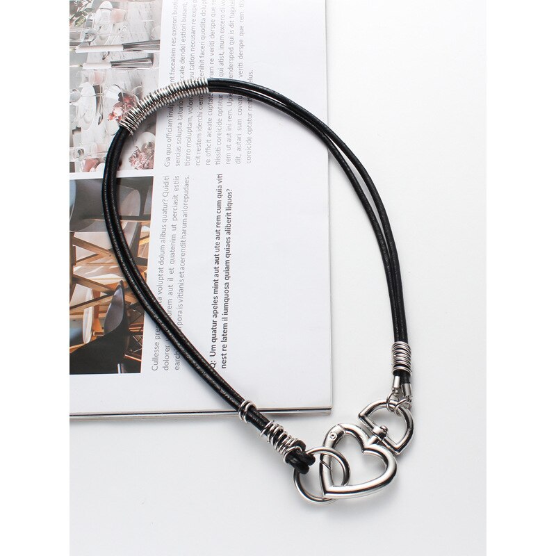 Double Layered Leather Necklace Metal Heart Lock Pendant - Boncuque Store