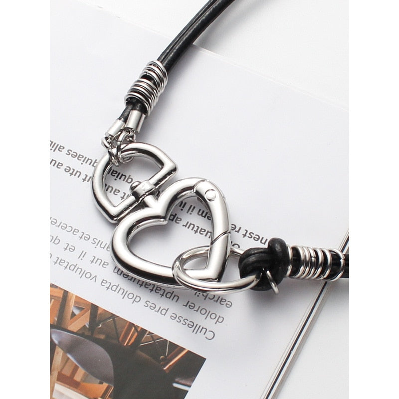 Double Layered Leather Necklace Metal Heart Lock Pendant - Boncuque Store