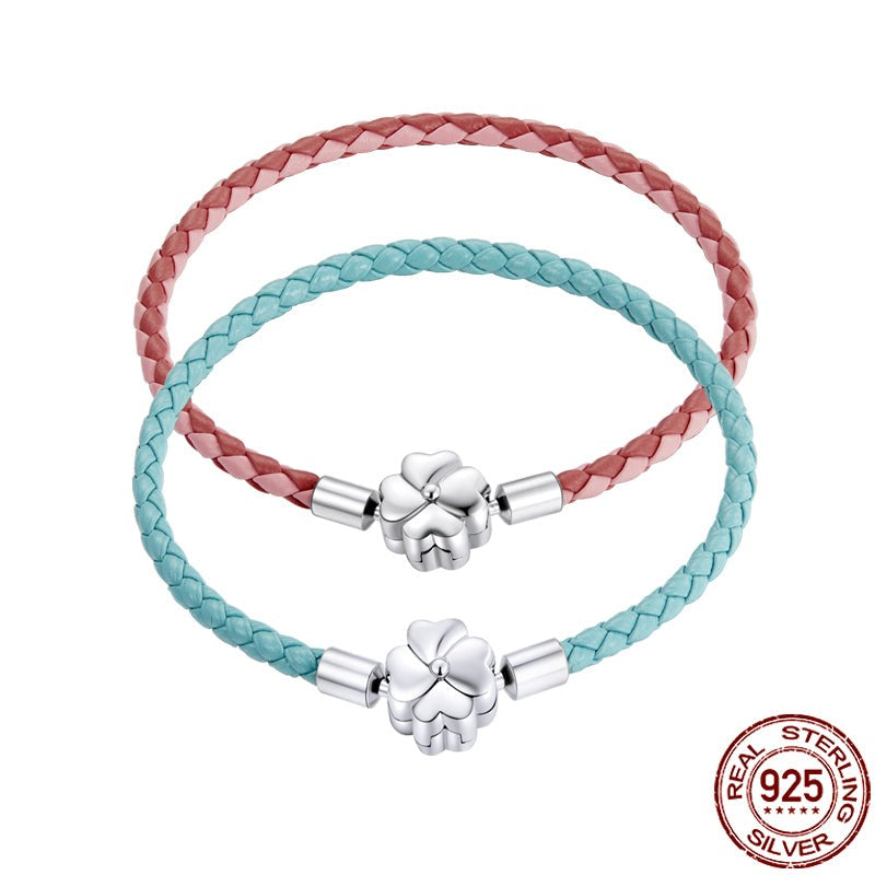 Leather Bracelet with 925 Silver Sterling Flower Leaf - Boncuque Store