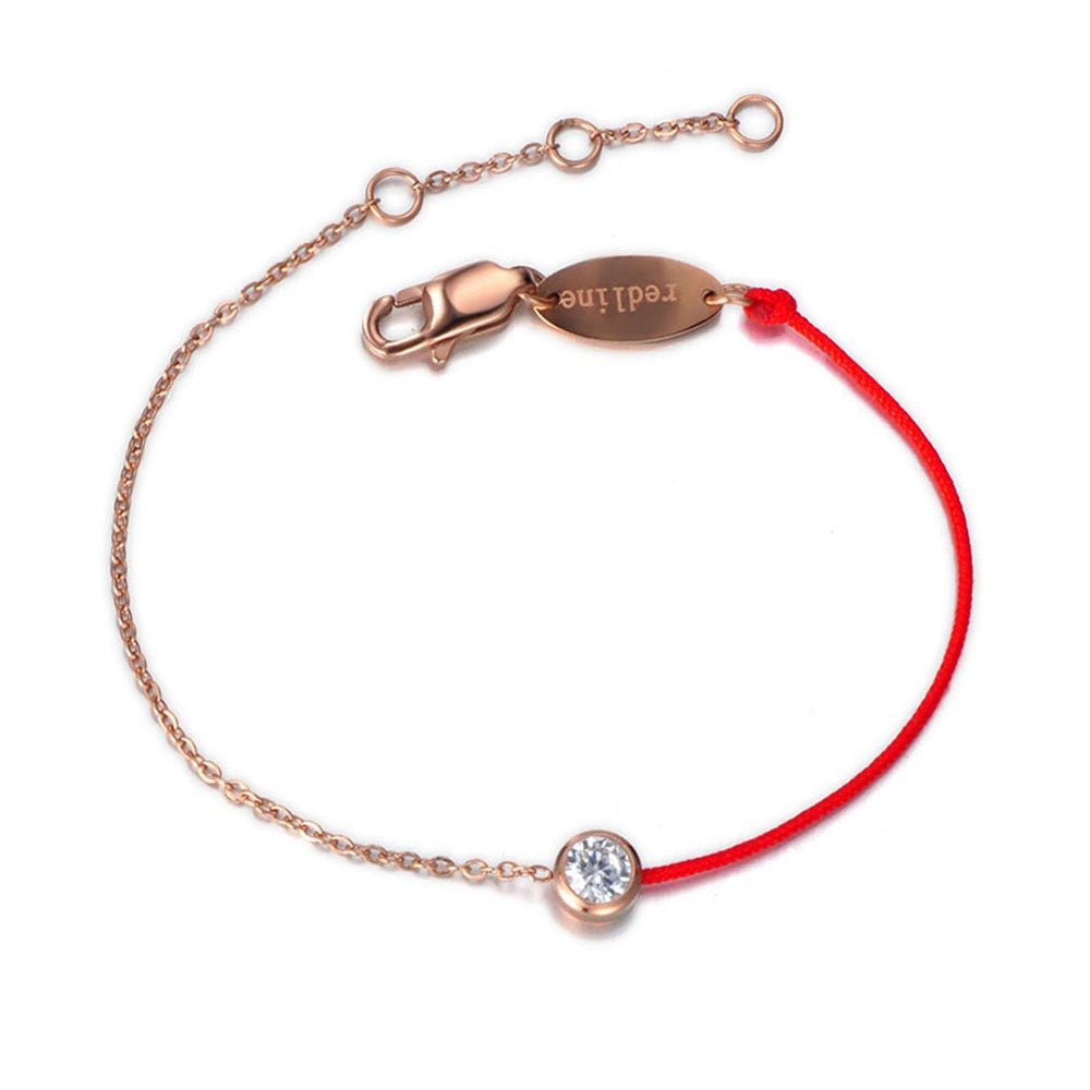 Red Rope & Chain Link Bracelet With One CZ Crystal, Gold Plated - Boncuque Store