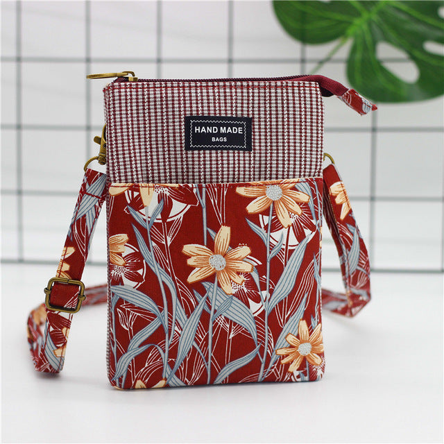 Crossbody Shoulder Bag For Mobile Phone, Cotton Flower Printing - Boncuque Store