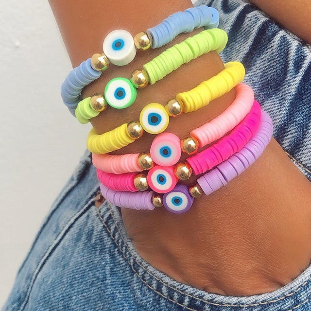 Go2Boho 6 Pcs Multicolor Evil Eye Heishi Bracelet Set Summer Beach Jewelry Soft Polymer Clay Disc Elastic Bracelets for Women - Boncuque Store