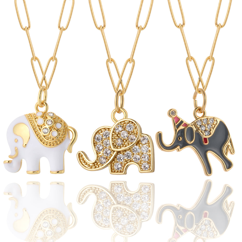 Long Stainless Steel Necklace & Cute Elephant Enamel Cubic Zirconia - Boncuque Store