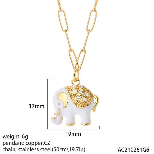 Long Stainless Steel Necklace & Cute Elephant Enamel Cubic Zirconia - Boncuque Store