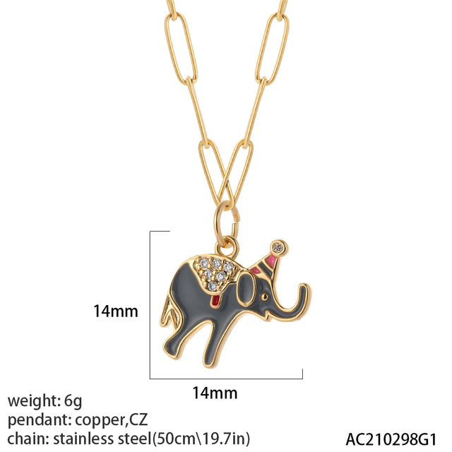 Long Stainless Steel Necklace & Cute Elephant Enamel Cubic Zirconia - Boncuque Store